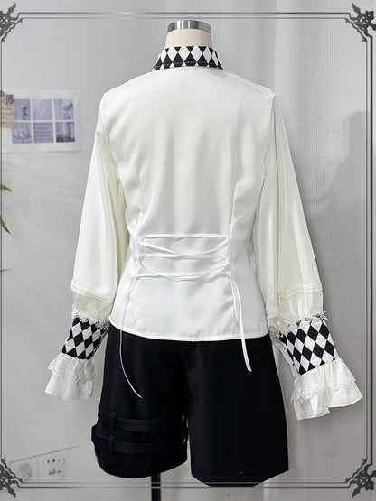 Vibes White Shirt Ouji Circus Long Collar Checkerboard Cuffs Sleeves and Print Lolita