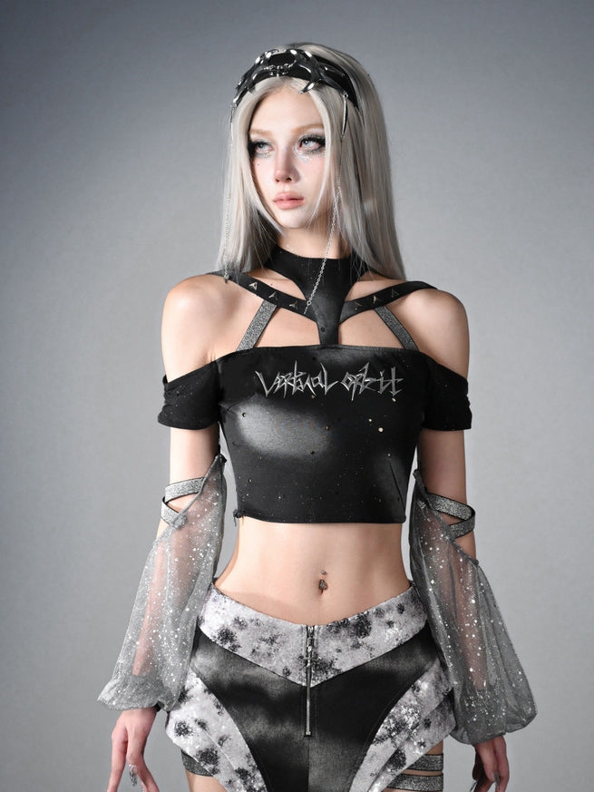 Futuristic Black Halter Neck Fashion Cyberpunk Top with Detachable Sleeves Y3K Cropped