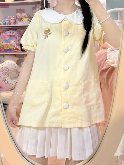 Light Yellow Teddy Peter Pan Collar Puff Sleeves Top
