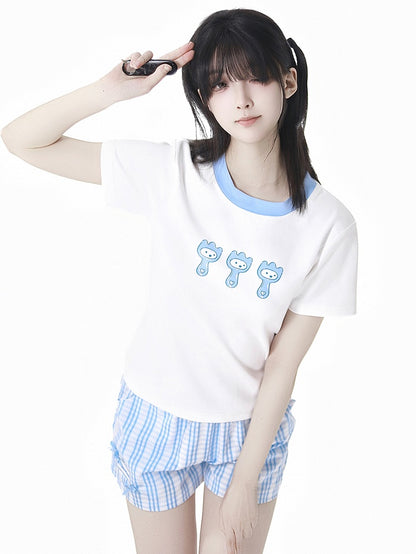Blue  White Elastic Waist Plaid Shorts