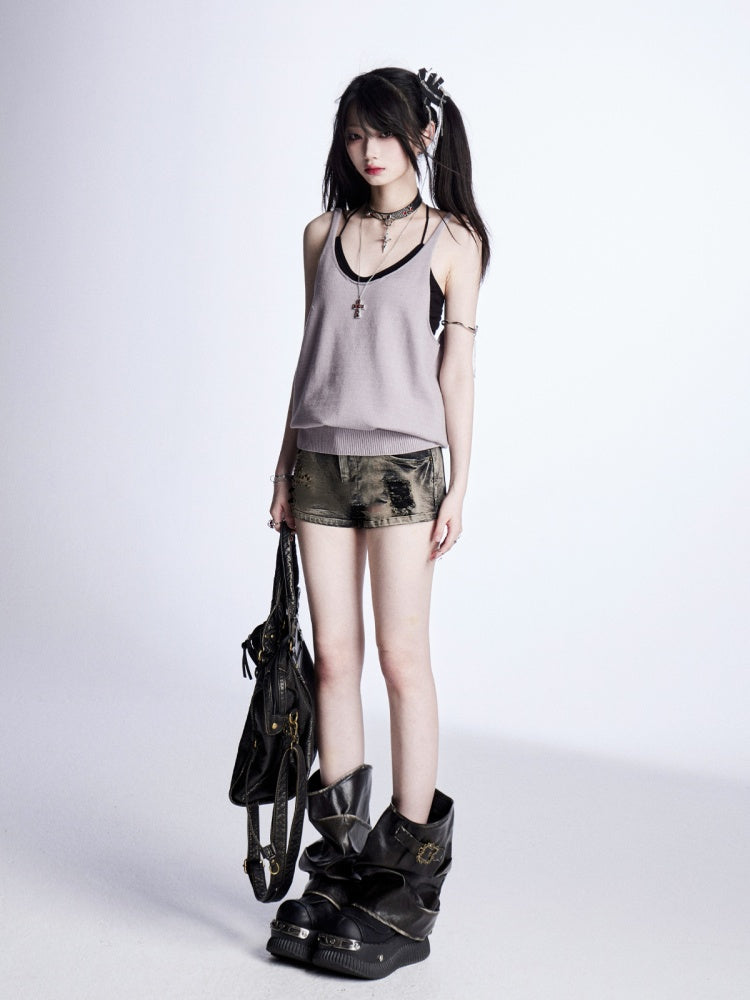 Red/Gray Glamorous Top Backless Knitted Tank