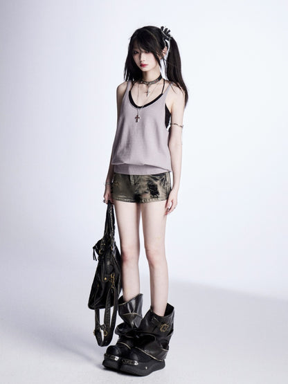 Red/Gray Glamorous Top Backless Knitted Tank