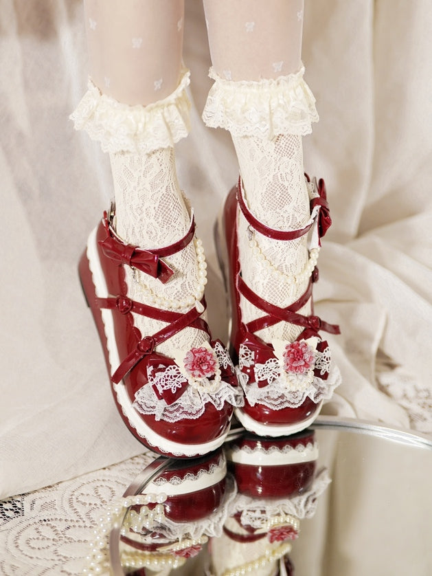 Floral at Lace Design Buckle Top Detachable With Heart Trim Chain Beaded Red Bow Platforms