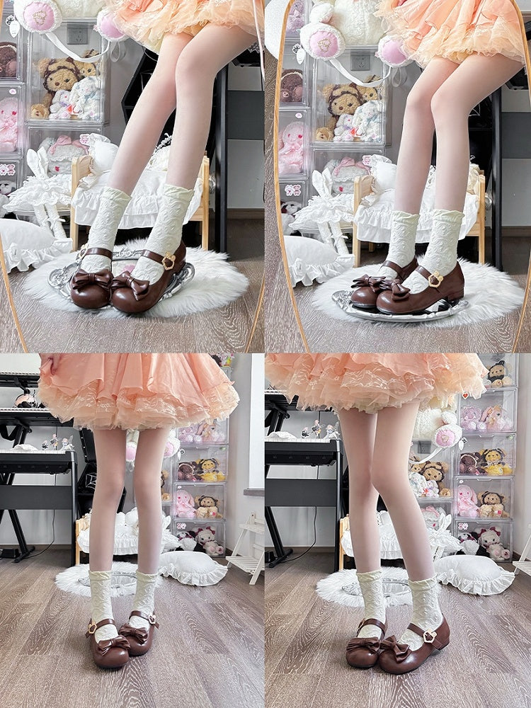 - Mary Brown Fastener Leather Top Bow PU Sweet Low-heel Janes Lolita Bunny with