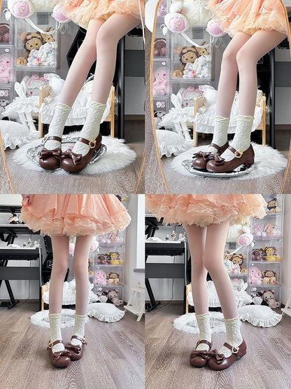 - Mary Brown Fastener Leather Top Bow PU Sweet Low-heel Janes Lolita Bunny with