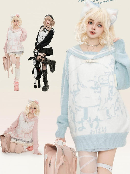 Light Blue/Pink/Black Jirai Kei Landmine GirlGraphic Sailor Collar Sweater