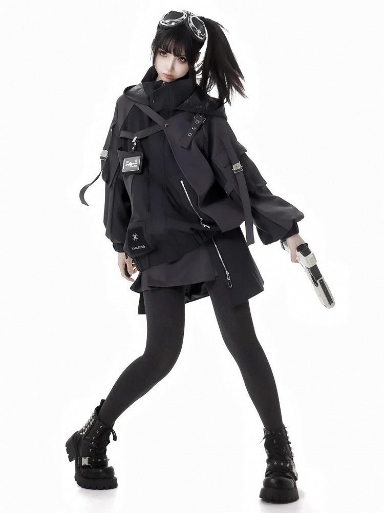 Black Buckle Straps Cyberpunk Skirt