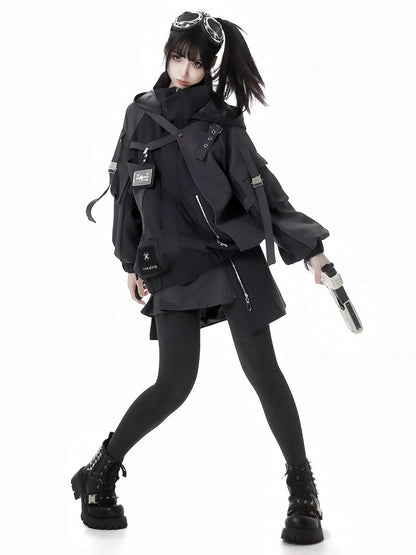 Black Buckle Straps Cyberpunk Skirt