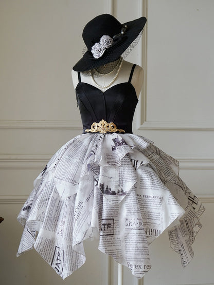 Elegant Skirt Layered Jumper Dress Lolita Print Newspaper Handkerchief