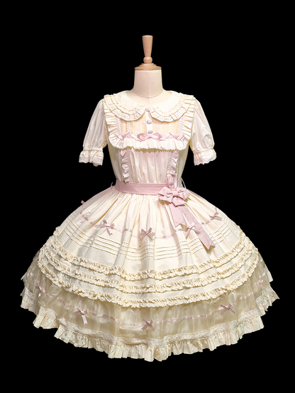 Lolita Pink Beige Peter Dress Cotton Bow and Collar Accents Pan