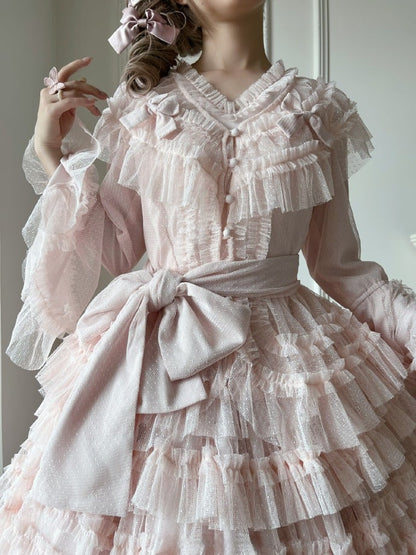 Multi-layered Set Blouse + Belt - Mesh Elegant Bell Sleeves Waist Skirt Lolita Cotton Vest Pink Classic Tulle Dotted
