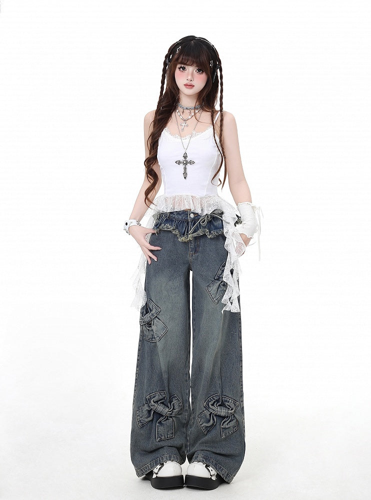 Blue Big Bows Raw Hem Wide-Leg Jeans