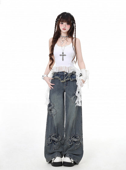 Blue Big Bows Raw Hem Wide-Leg Jeans
