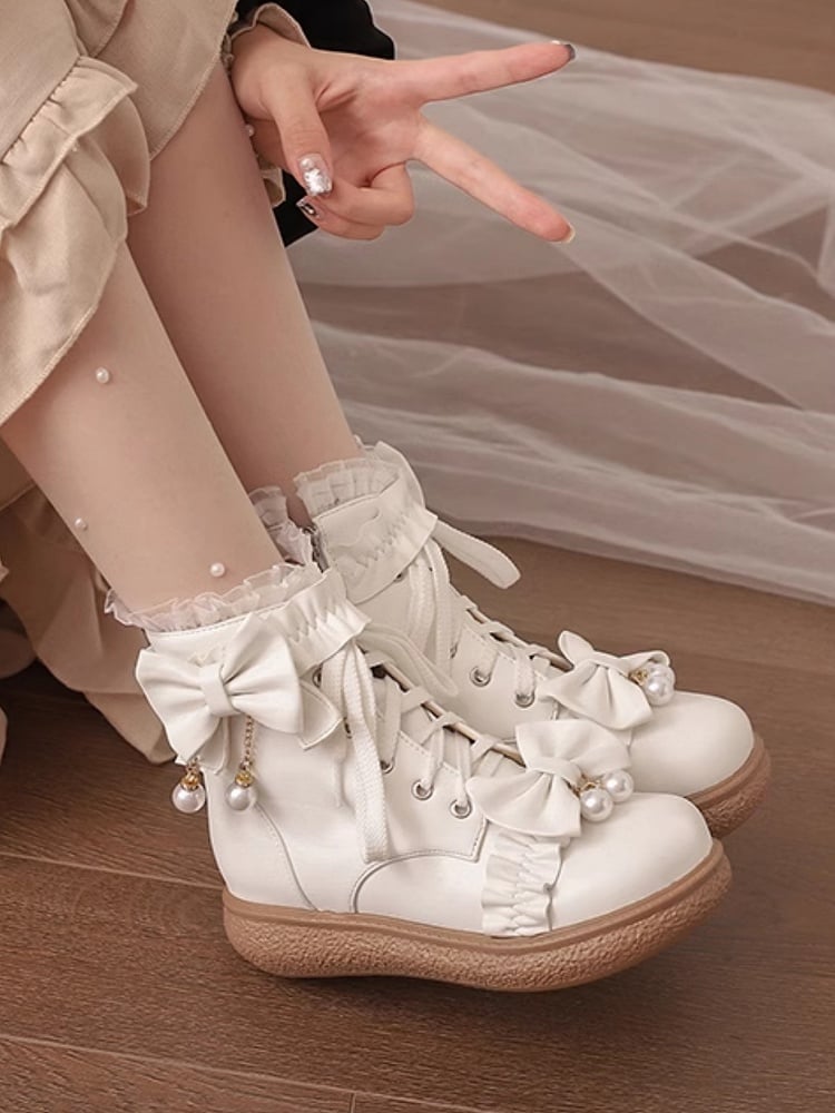 Version Schleife Normal/Verdickt Perlenbesetzt mit Akzenten PU Spitze Lolita Stiefel Leder Weiß Manschette Plattform Charm 4cm
