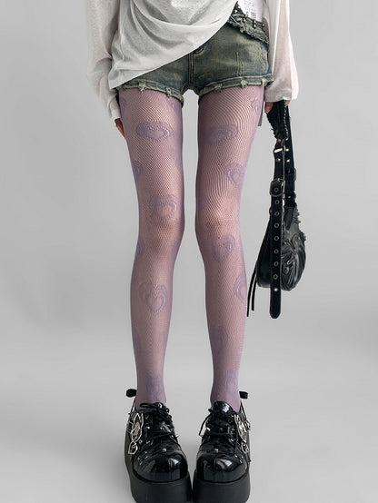 Print Hollow-out Design Heart Purple/Beige/Red Tights