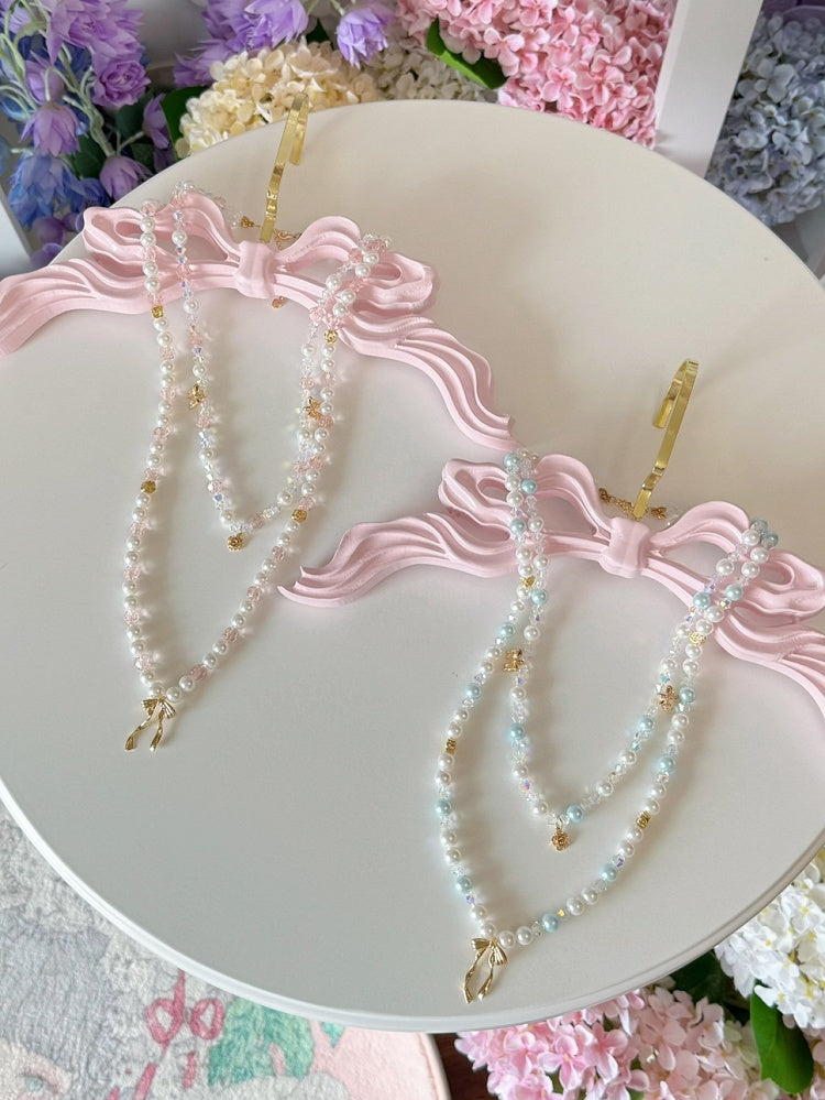 And Bowknot Pink/Blue Pendant Beaded Necklace Floral