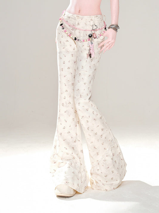 Apricot Low Waist Floral Pattern Slim-fitting Flared Pants
