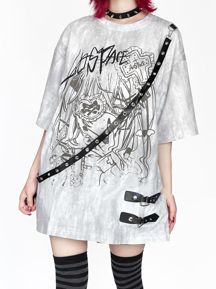 Anime Tie Strap Detachable Dye Decor Black/White T-Shirt with Print Girl Leather