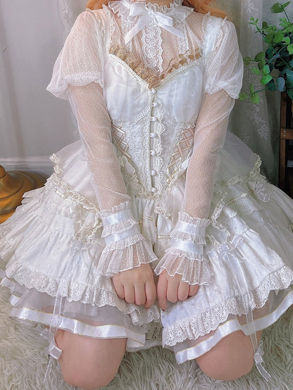 White Ruffle Neckline Juliette Sleeves Sheer Blouse