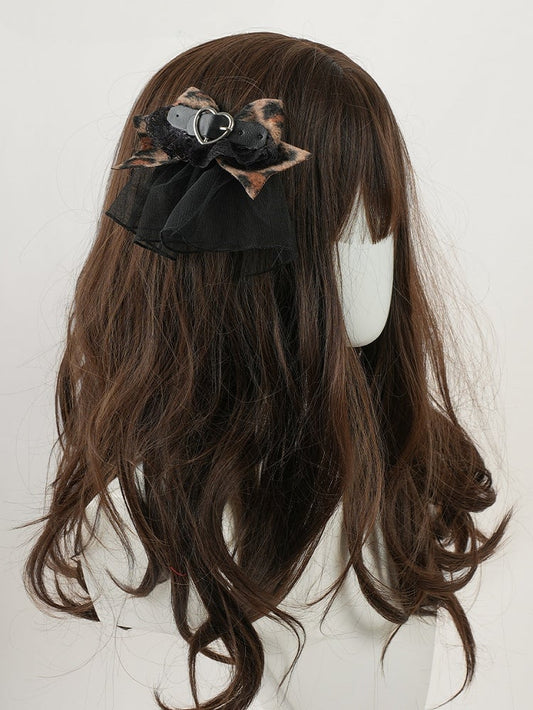 Barrette à cheveux en dentelle avec gros nœud et boucle léopard café
