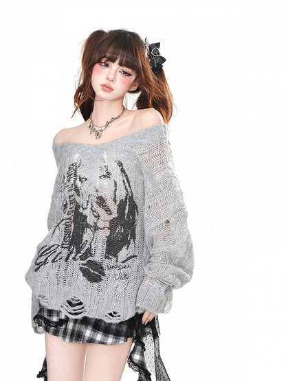 White/Gray Off-the-shoulder Neckline Distressed Holes Graphic Knitted Top