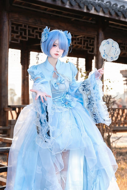 Full Lolita Top Skirt Plus Available Sizes High-low Blue Set Waist Princess Boned +
