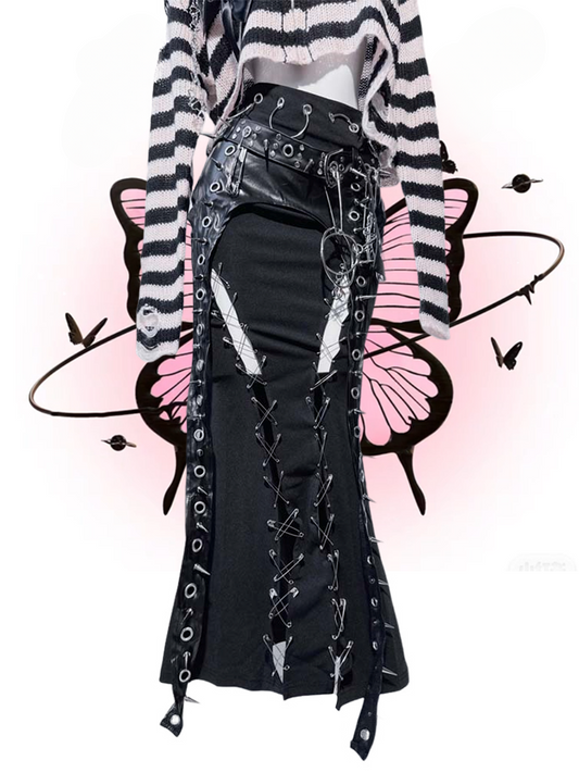 Black Punk Ring Stud Pin Detail Thigh-high Slit Mermaid Skirt with Buckle Belt