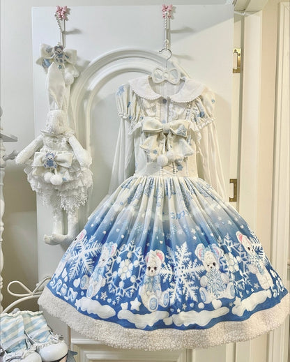 Teddy and Snowflake Blue Winter Fleece Hemline Sweet Lolita Dress