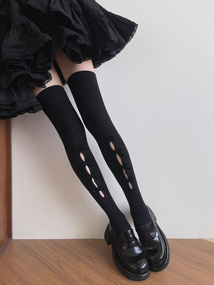 Bowknot Stockings Black/White Design Overknee Cut-out