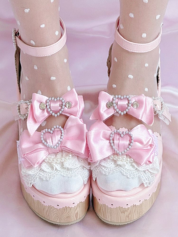 Heart Gyaru Beaded - Bow Wedge Pink Accents Platform Buckles Hime Sandals
