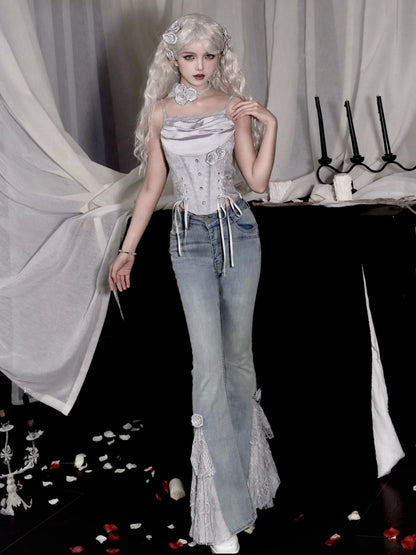 Silver Gray cowl Neckline Boned Corset Top