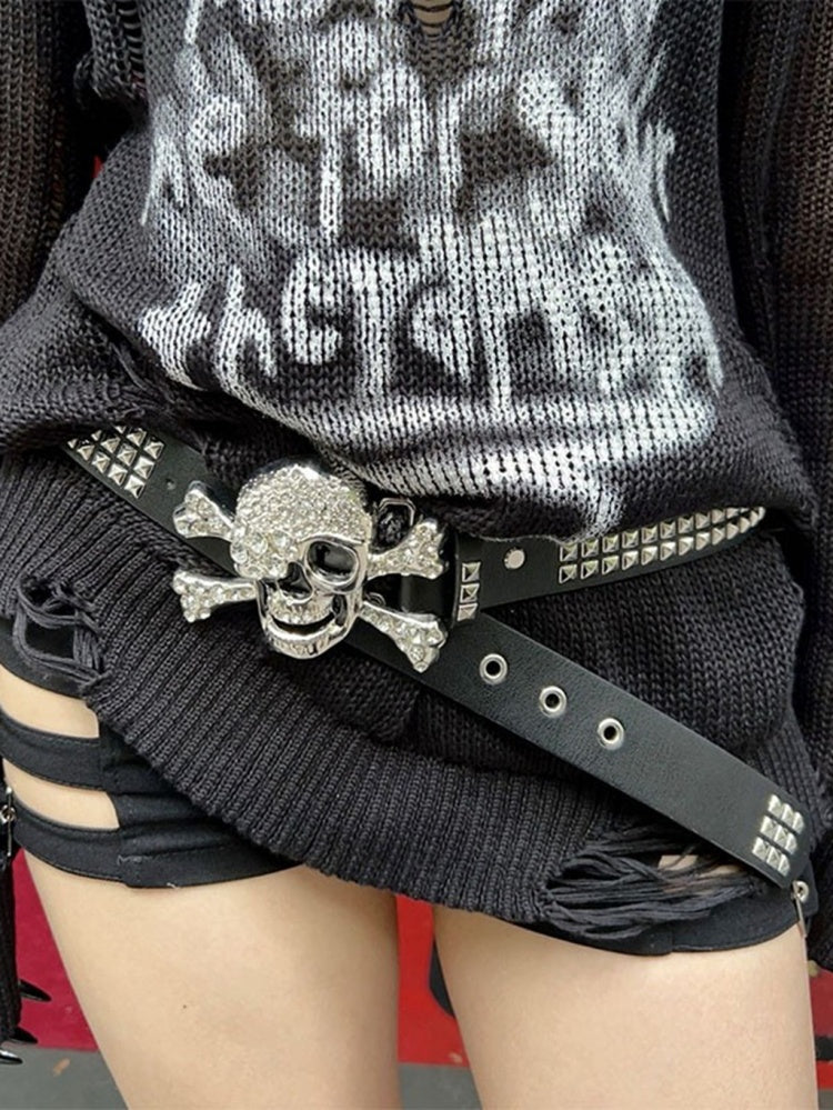 Black White Rhinestoned Skeleton Punk Waist Belt