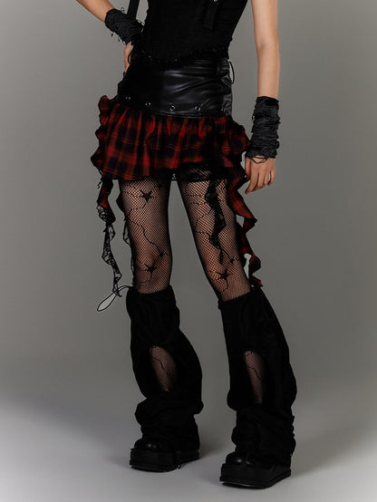 Ruffled Black PU Punk Skirt Hem Y2K Asymmetrical Red Plaid