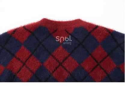 Snow White Princess Red Diamond Pattern Mohair Loose Sweater