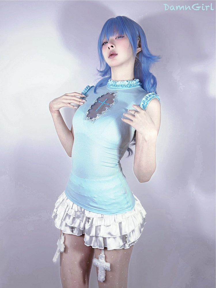 Goth Sleeveless Top Light Blue Mock Neck Coffin-Shaped Cutout Pastel
