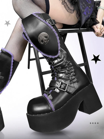 Black Purple Punk Bunny Ear Gothic Platform Block Heel Boots