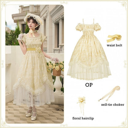 Light Panels Waist Hem Dress Mesh Yellow Scalloped Edge High