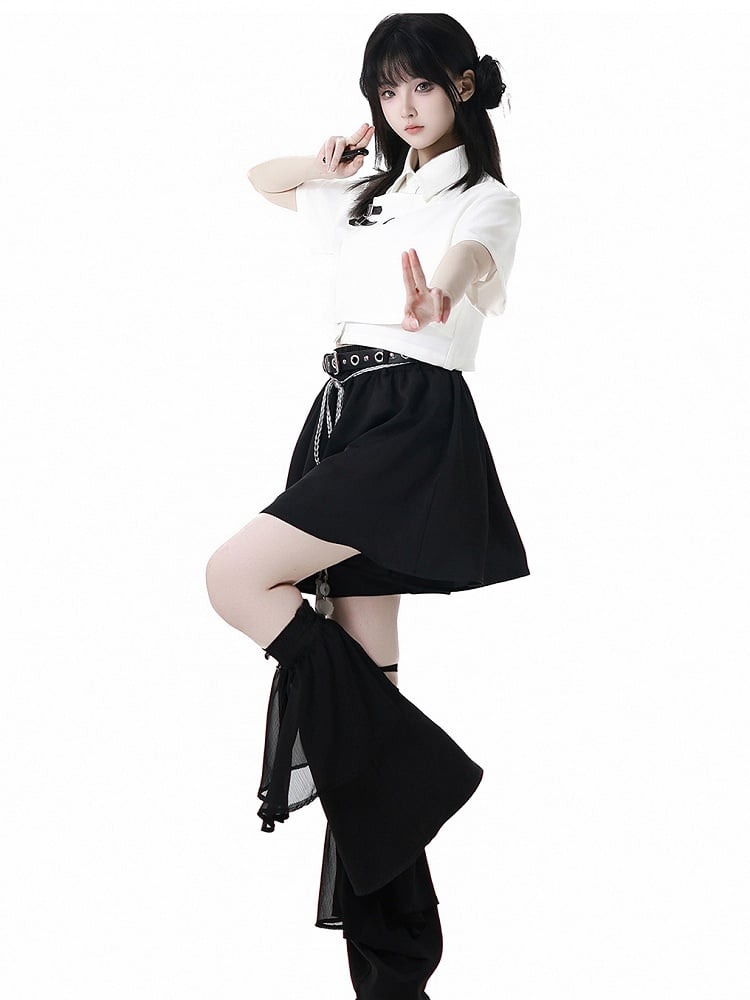 Belt Black Cheongsam Tassel Style Shorts with Buckle Belt and