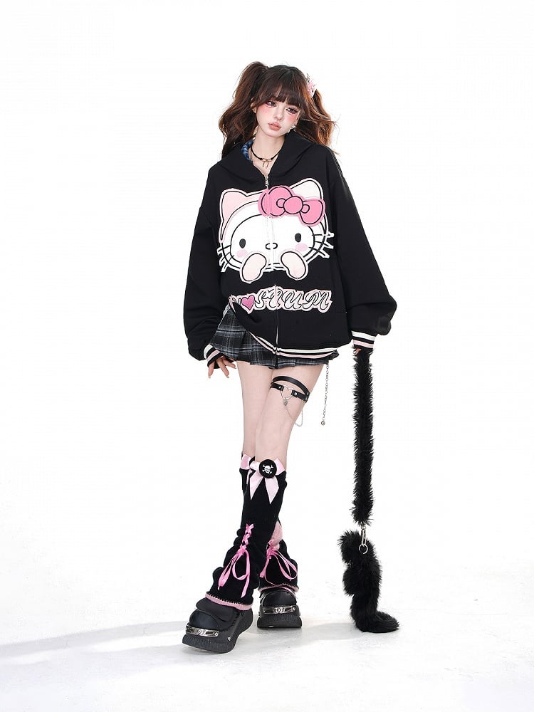 Apricot/Black Kitty Embroidery Oversized Zip Closure Hoodie