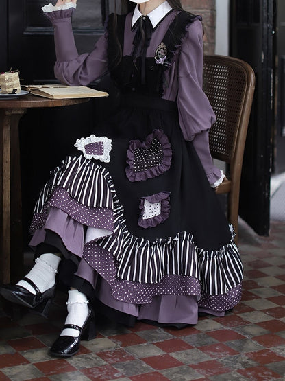 Dress Bittersweet Lolita Apron in Black Stripes and Purple Polka Dot