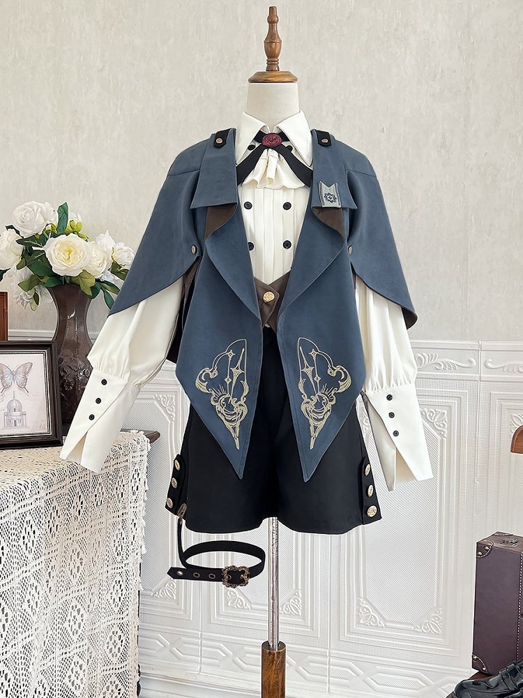 Blue and Brown Ouji Lolita Embroidery Details Pointed Hemline Cape