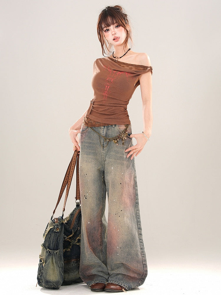 Splash Ink Details Pink Wide-leg Blue Faded Jeans Cut Wash and