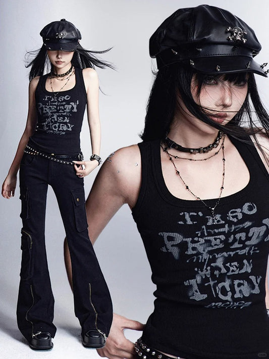 Black Letter Print Vintage Slim-fitting Tank Top Glamorous