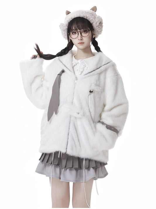 White Sailor Collar Buckle Strap Plush Coat