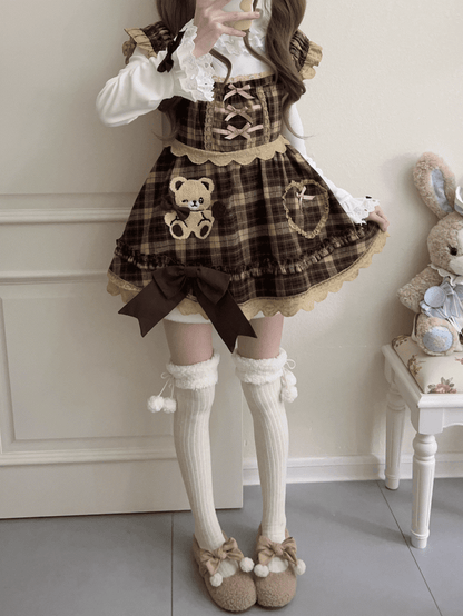 Sleeves Kawaii Soft Brown Plaid Dress Flutter with