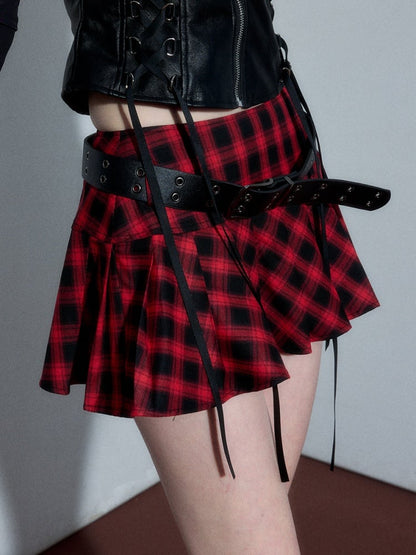 Punk Rock Red and Black Plaid Pleated Skirt