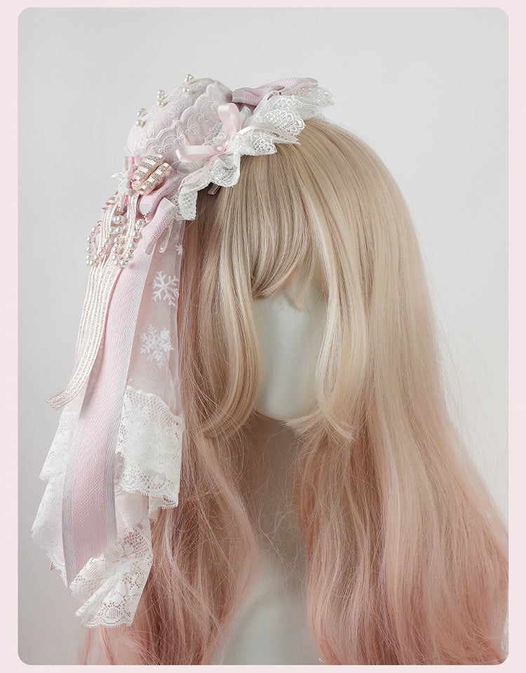Pink Big Bow Lace Trim Snowflake Beaded Chain Mini Hat+Snowflake Lace Veil