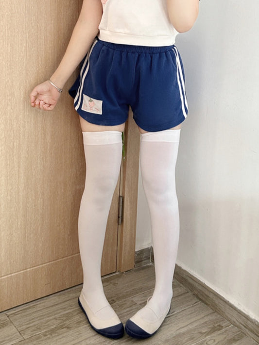 Navy Blue Elastic Waist Thigh Length Shorts