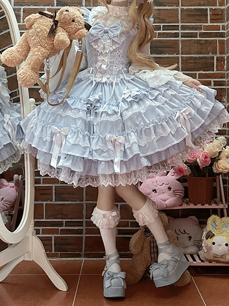 Skirt Sleeves Dress Lace-up Waist Lace Trim Blue Flutter Old School Lolita Cotton Jumper