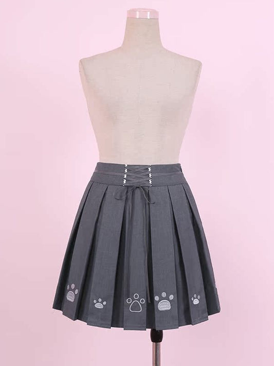 Dark Grey Paws Embroidery Box Pleat Skirt